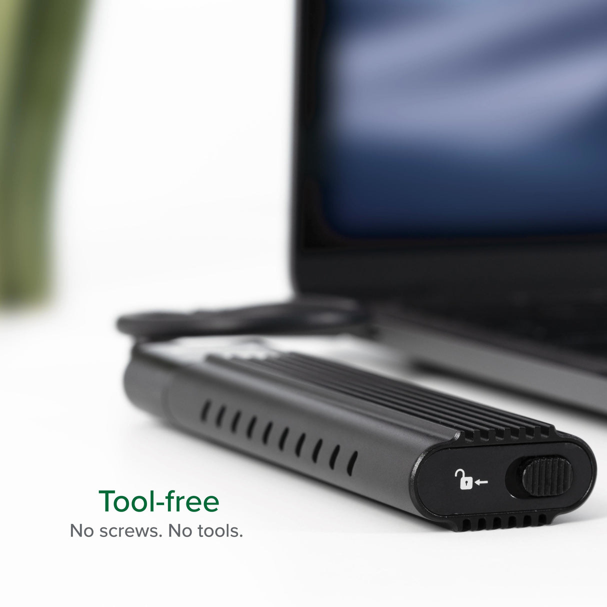 Plugable Technologies USB-C M.2 NVMe SSD Enclosure; Tool-Free & Driverless. USB 3 Type-C, including Thunderbolt and USB4, at 10Gbps. For M.2 NVMe SSDs 2230 to 2280 PCIe Gen 3 and 4. USB C and USB A cables included