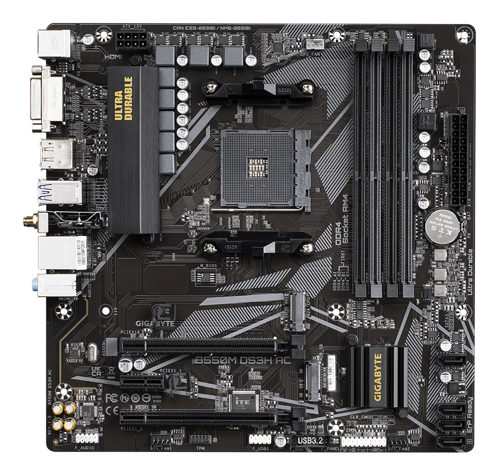 GIGABYTE B550M DS3H AC Motherboard - AMD Ryzen 5000 CPUs, 5+3 Phases VRM, up to 4733MHz DDR4, 1xPCIe 4.0 + 1xPCIe 3.0 M.2, Wi-Fi 5, 1GbE LAN, USB 3.2 Gen 1